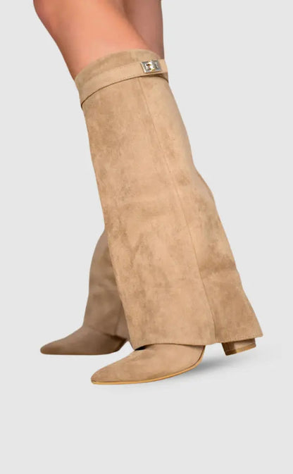 Women's taupe fold-over knee-high boots with square side buckle and low heel