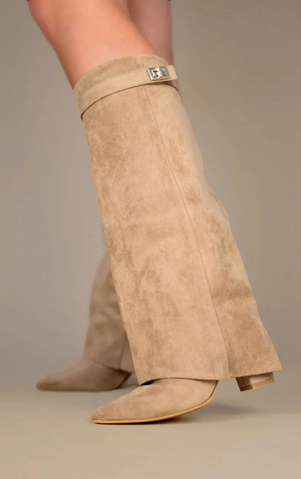 Women's taupe suede-look knee-high boots with fold-over cuff and square buckle