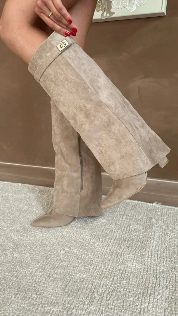 Women's taupe knee-high fold-over boots with squared buckle and angled heel