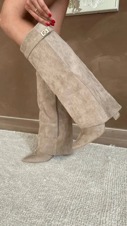 Women's taupe knee-high fold-over boots with squared buckle and angled heel