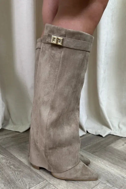 Women's taupe suede-look tall boots with fold-over top and square buckle