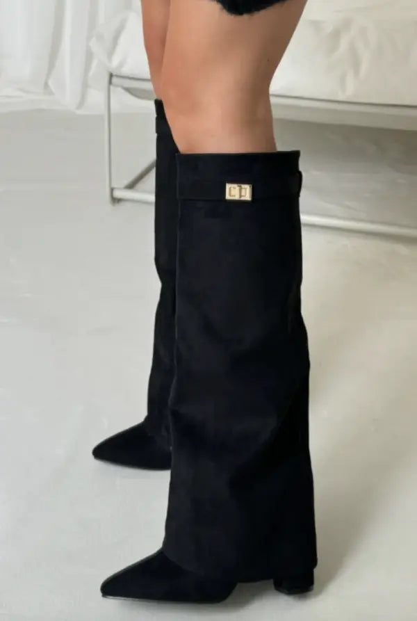 Women's black knee-high fold-over boots with square buckle on cuff and block heel