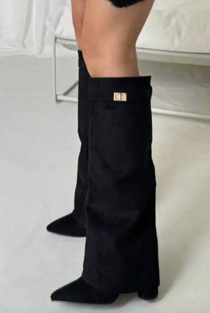Women's black knee-high fold-over boots with square buckle on cuff and block heel
