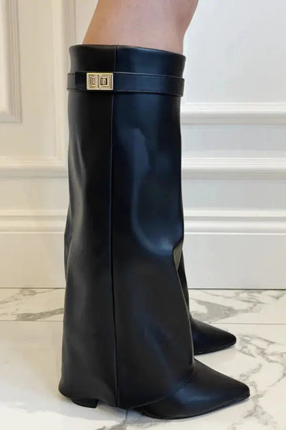 Women's dark navy leather-look knee-high boots with fold-over top and square buckle