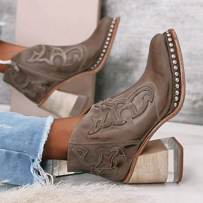 Women's western ankle boots in taupe with detailed stitching and silver-stud side trim