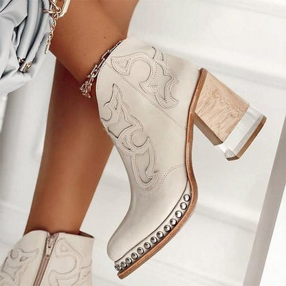 Women's western ankle boots in white with decorative stitching and silver-stud cuff trim