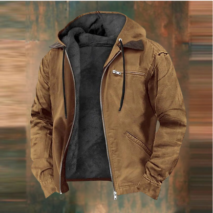 Men's hooded jacket in brown with front zipper, drawstring hood, and side pockets