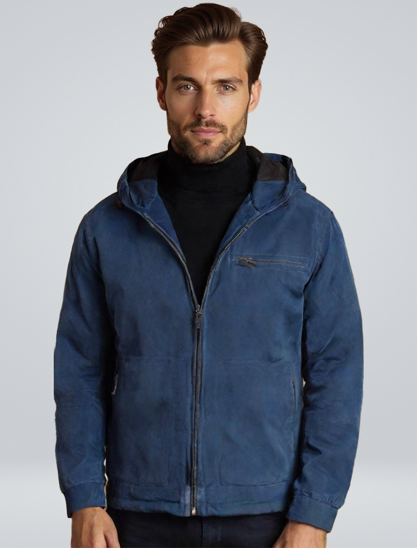 Men's hooded jacket in blue with zip front, stand collar, and hood drawstrings