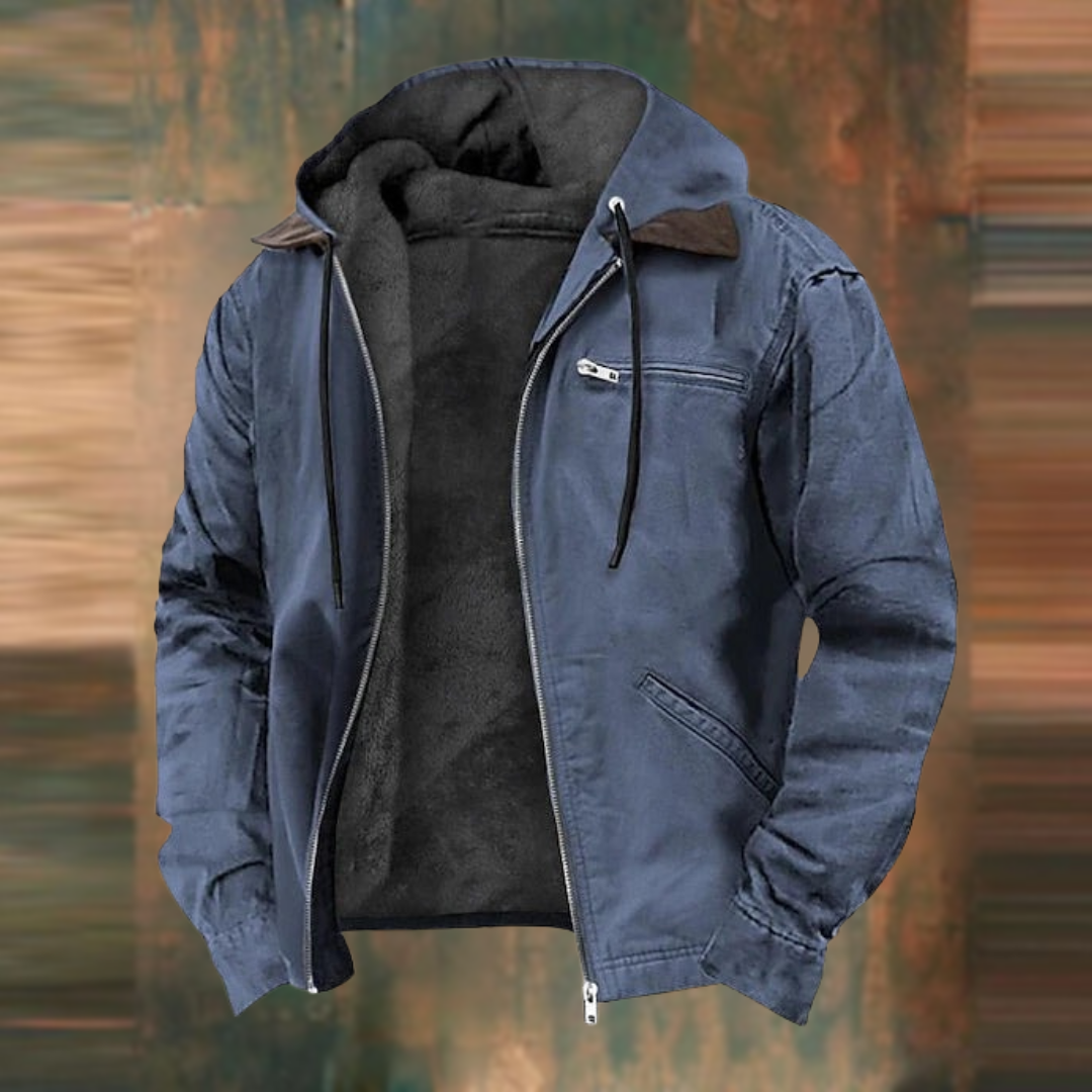 Men's hooded jacket in slate blue with zip front, chest pocket, and drawstring hood