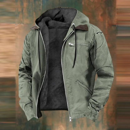 Men's hooded jacket in olive green with zip front, chest pocket, and drawstring hood
