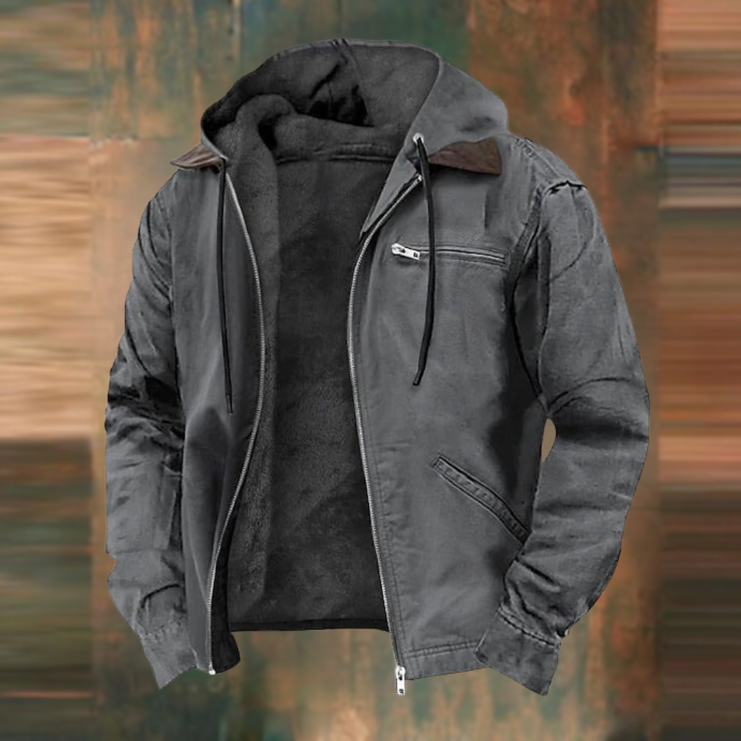 Men's hooded jacket in grey with zip front, chest pocket, and drawstring hood