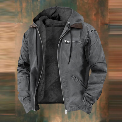 Men's hooded jacket in grey with zip front, chest pocket, and drawstring hood