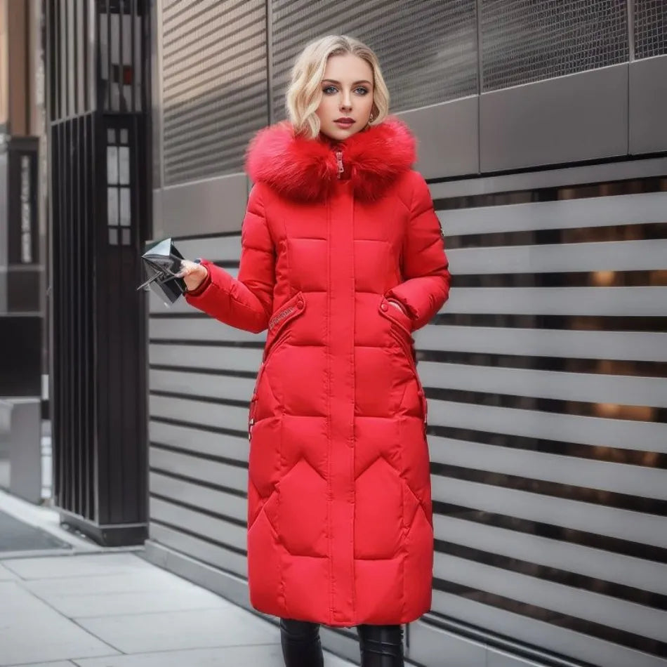 Women's long down coat in bright red with faux fur hood and front buttons