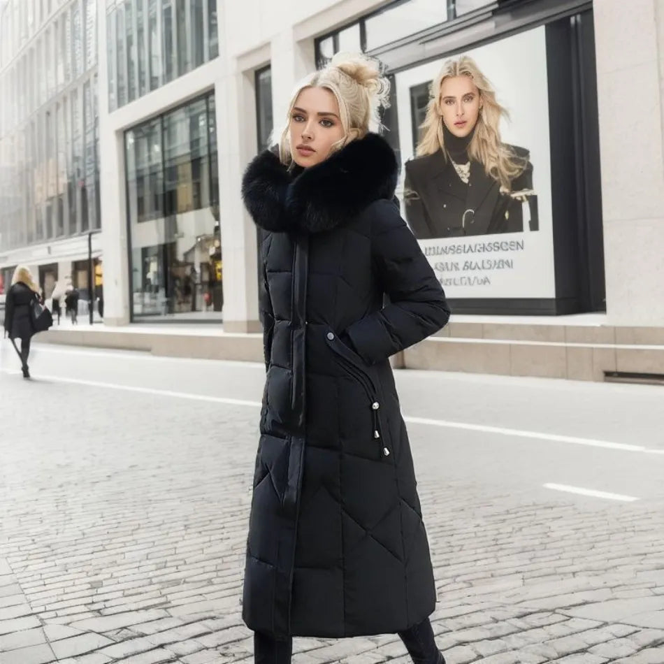 Black long down coat with quilted pattern and oversized fur-trimmed hood