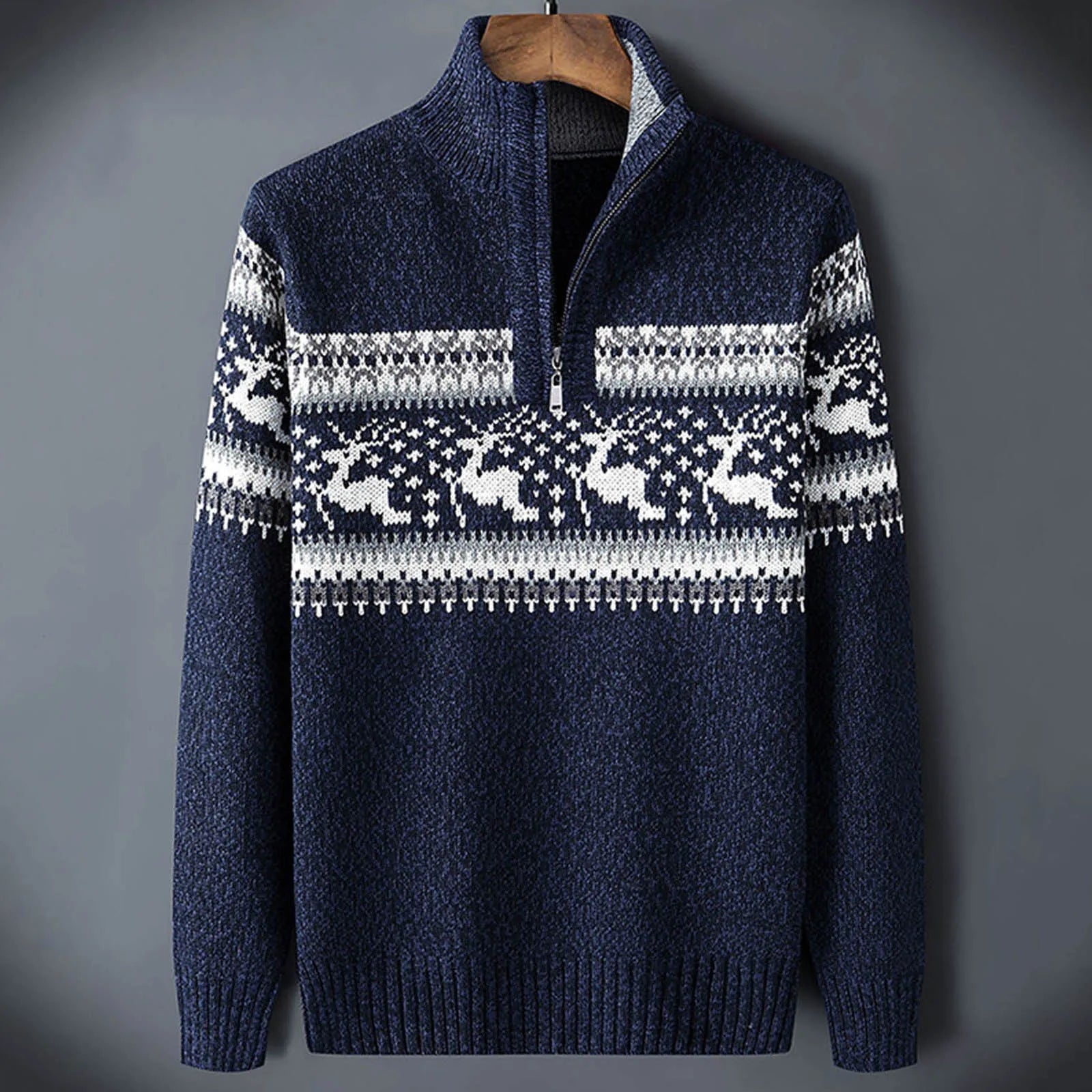 Navy Fair Isle half-zip sweater with patterned yoke and white knit motifs