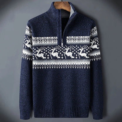 Navy Fair Isle half-zip sweater with patterned yoke and white knit motifs