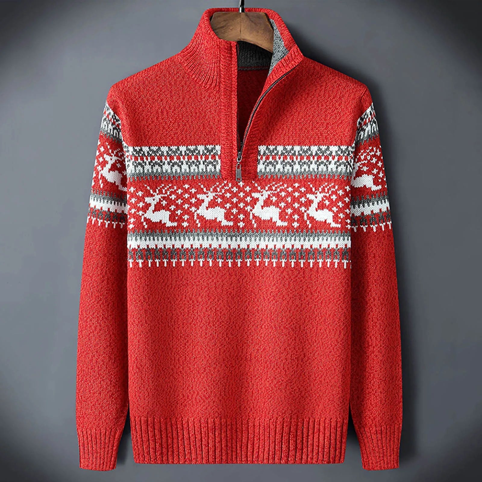 Red Fair Isle half-zip sweater with white yoke and festive animal motif