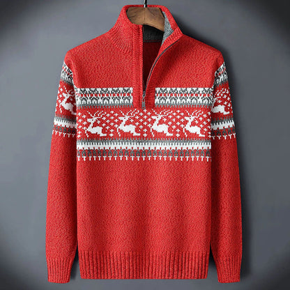Red Fair Isle half-zip sweater with white yoke and festive animal motif