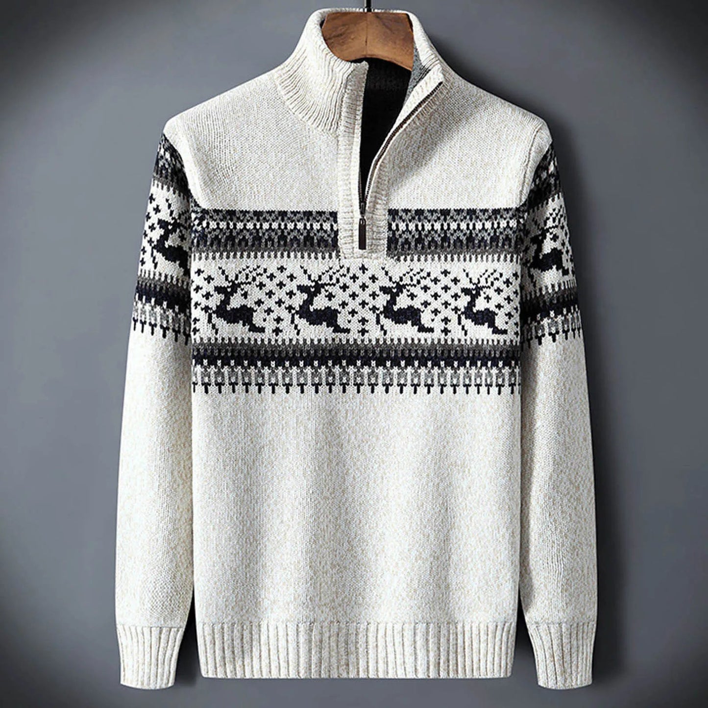 White Fair Isle half-zip sweater with black patterned yoke and knit motifs