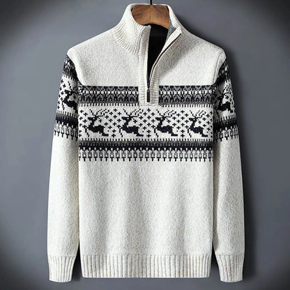 White Fair Isle half-zip sweater with black patterned yoke and knit motifs