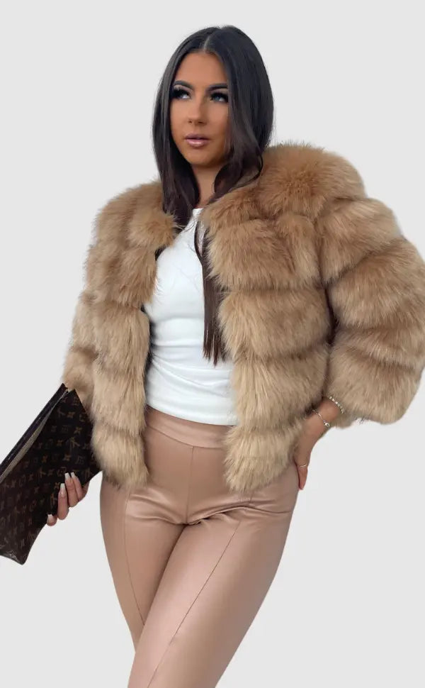 Women's brown faux fur cropped jacket with wide collar and button front