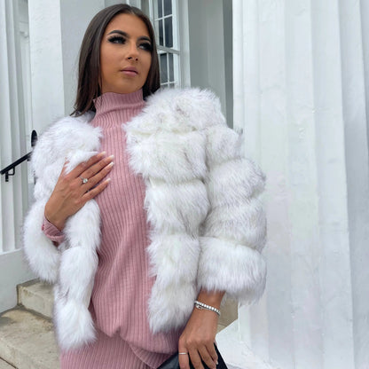 Women's white faux fur jacket with oversized collar and ribbed inner trim