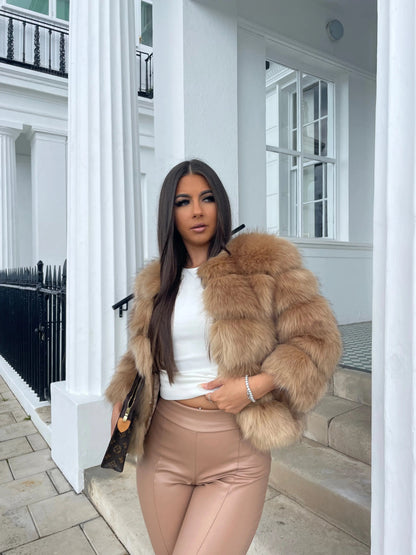 Women's brown faux fur jacket with oversized collar, open front, long sleeves