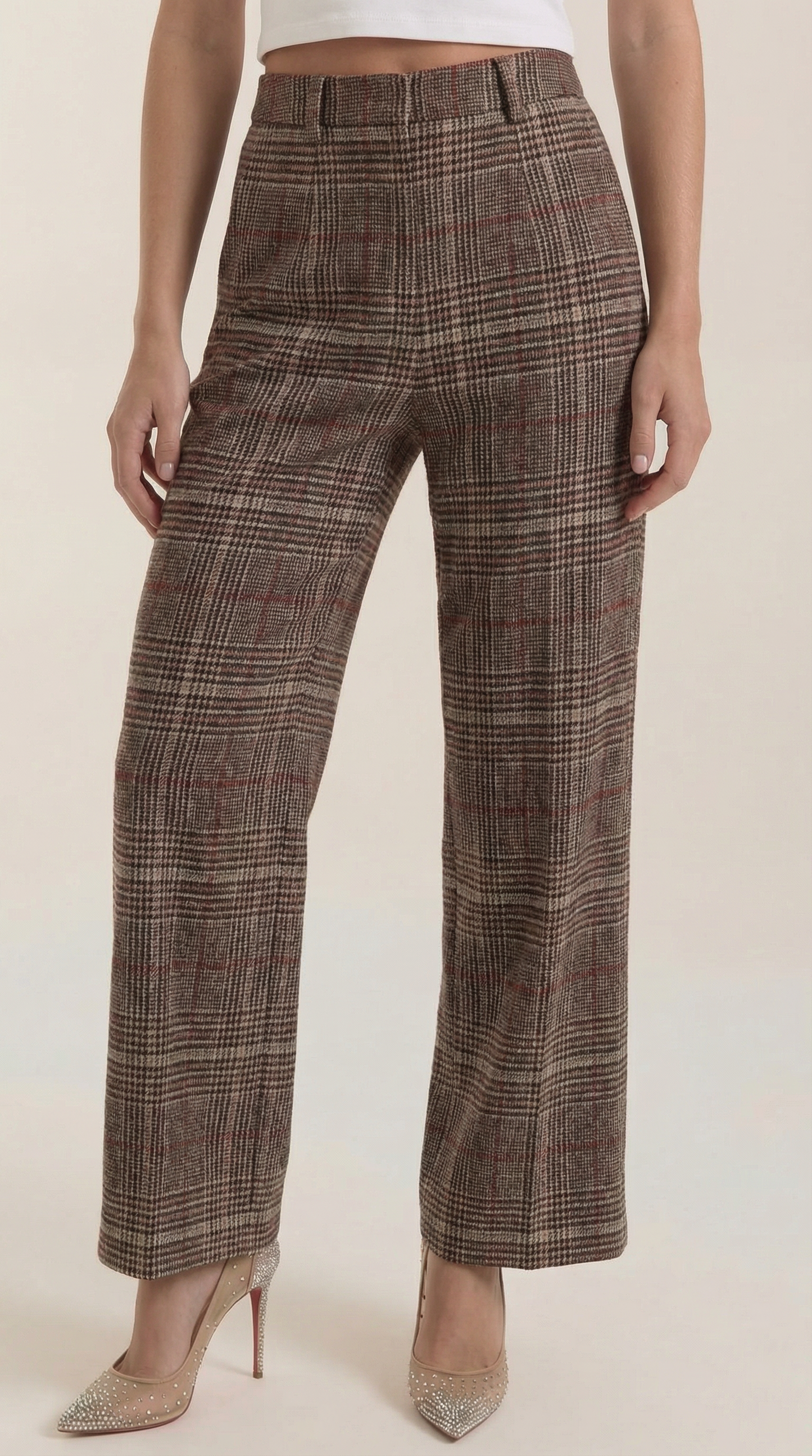 Women's high-waisted plaid trousers, brown plaid front, wide leg