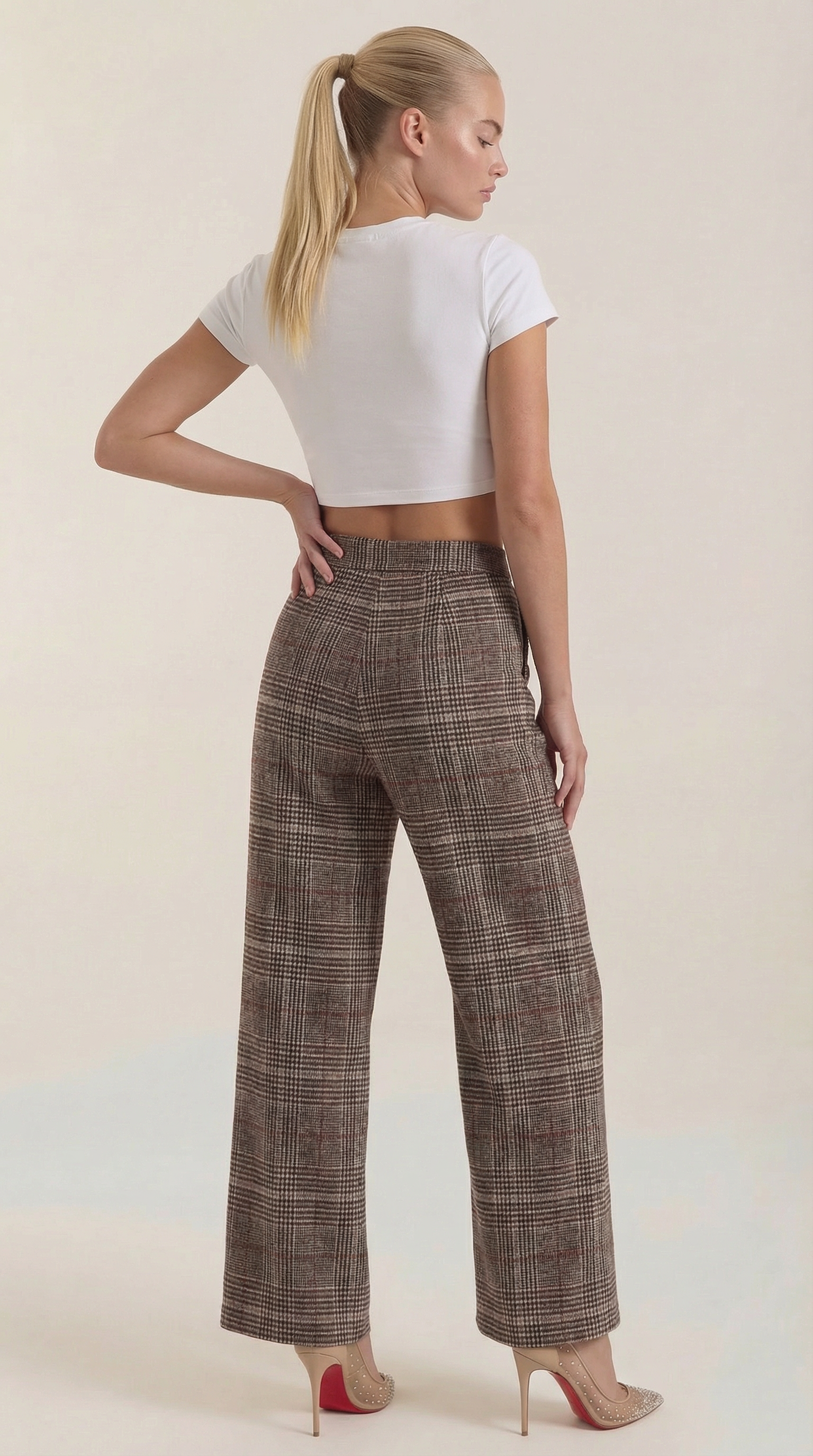 Women's high-waisted plaid trousers, brown plaid back, wide leg