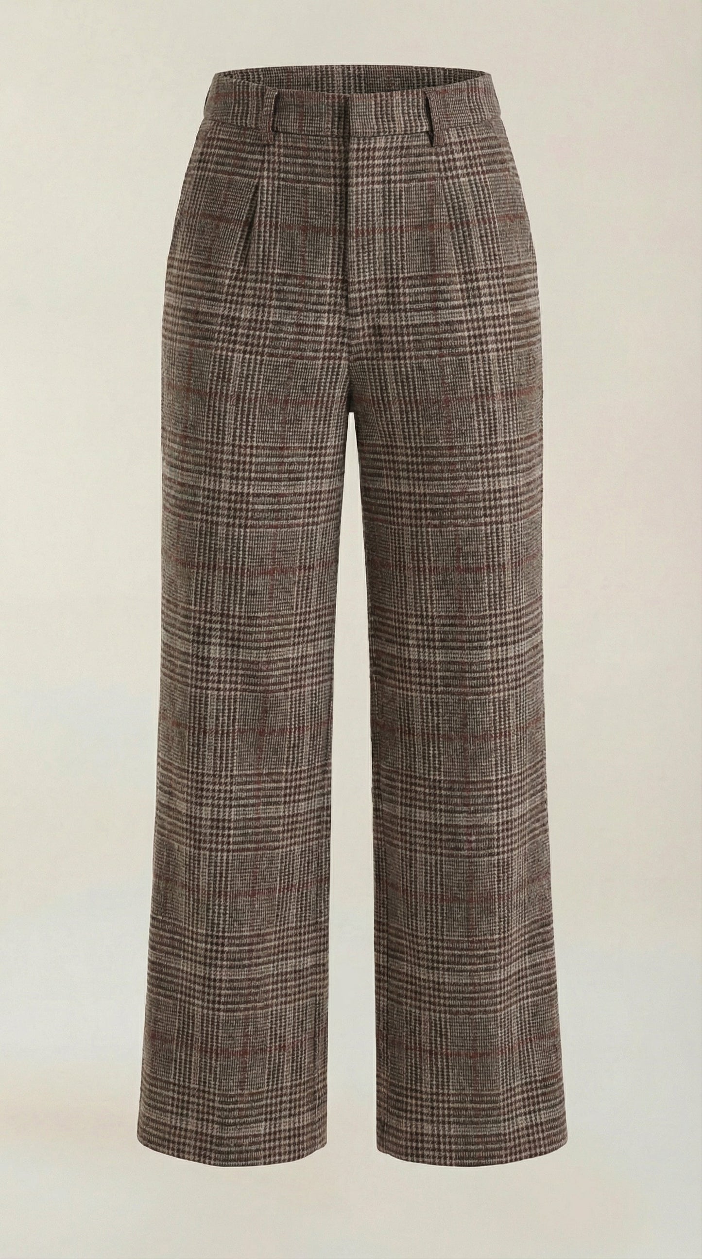 Women's high-waisted plaid trousers, brown plaid full view, wide leg