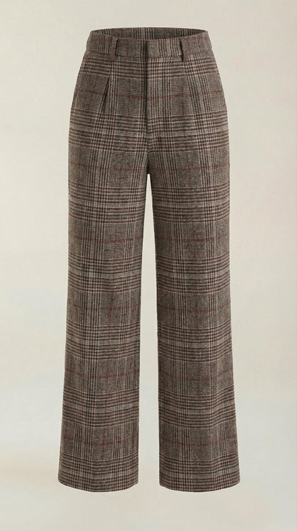 Women's high-waisted plaid trousers, brown plaid full view, wide leg