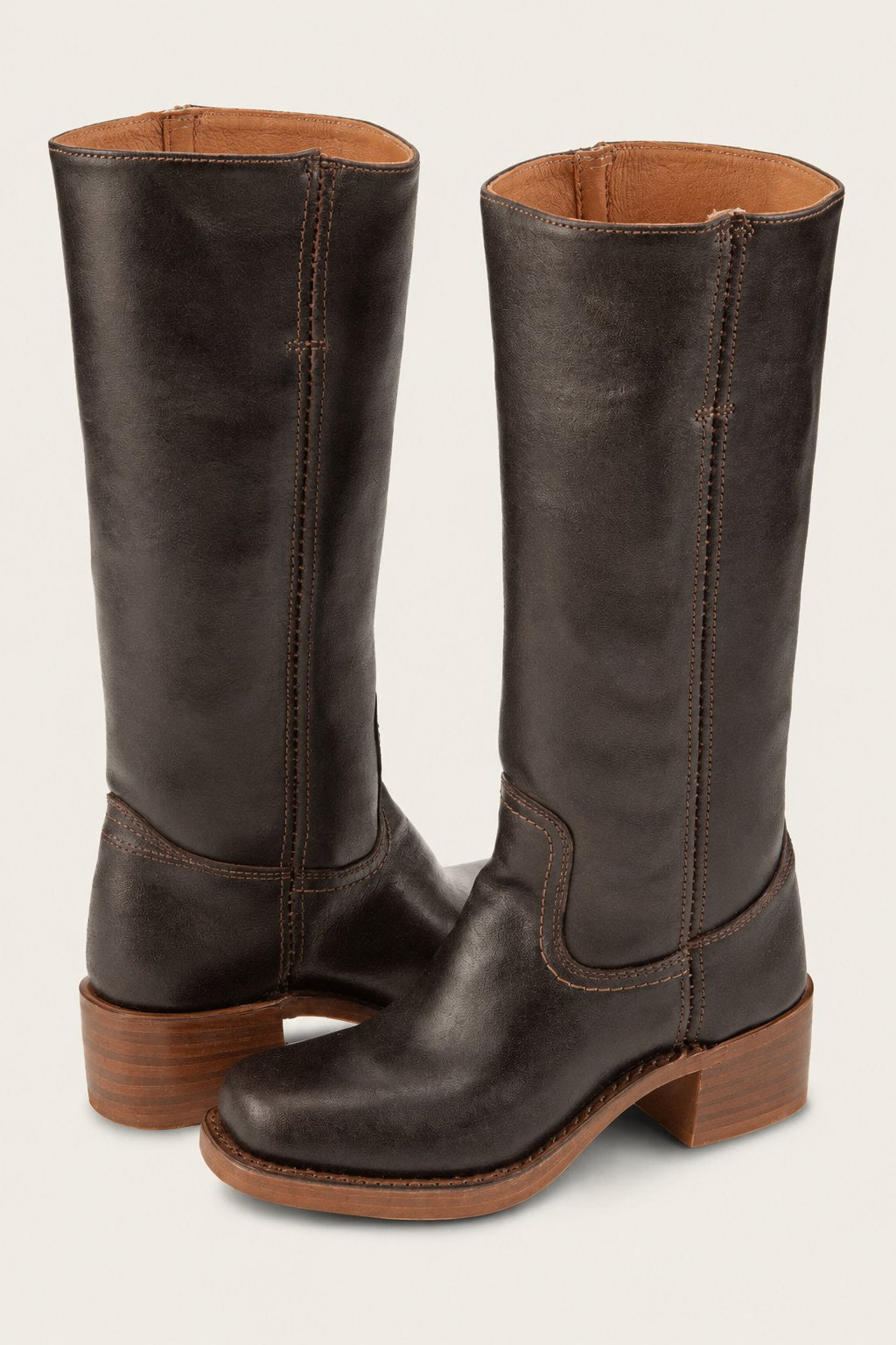 Knee-high leather boots, dark brown, pull-on style with stacked heel and side stitching