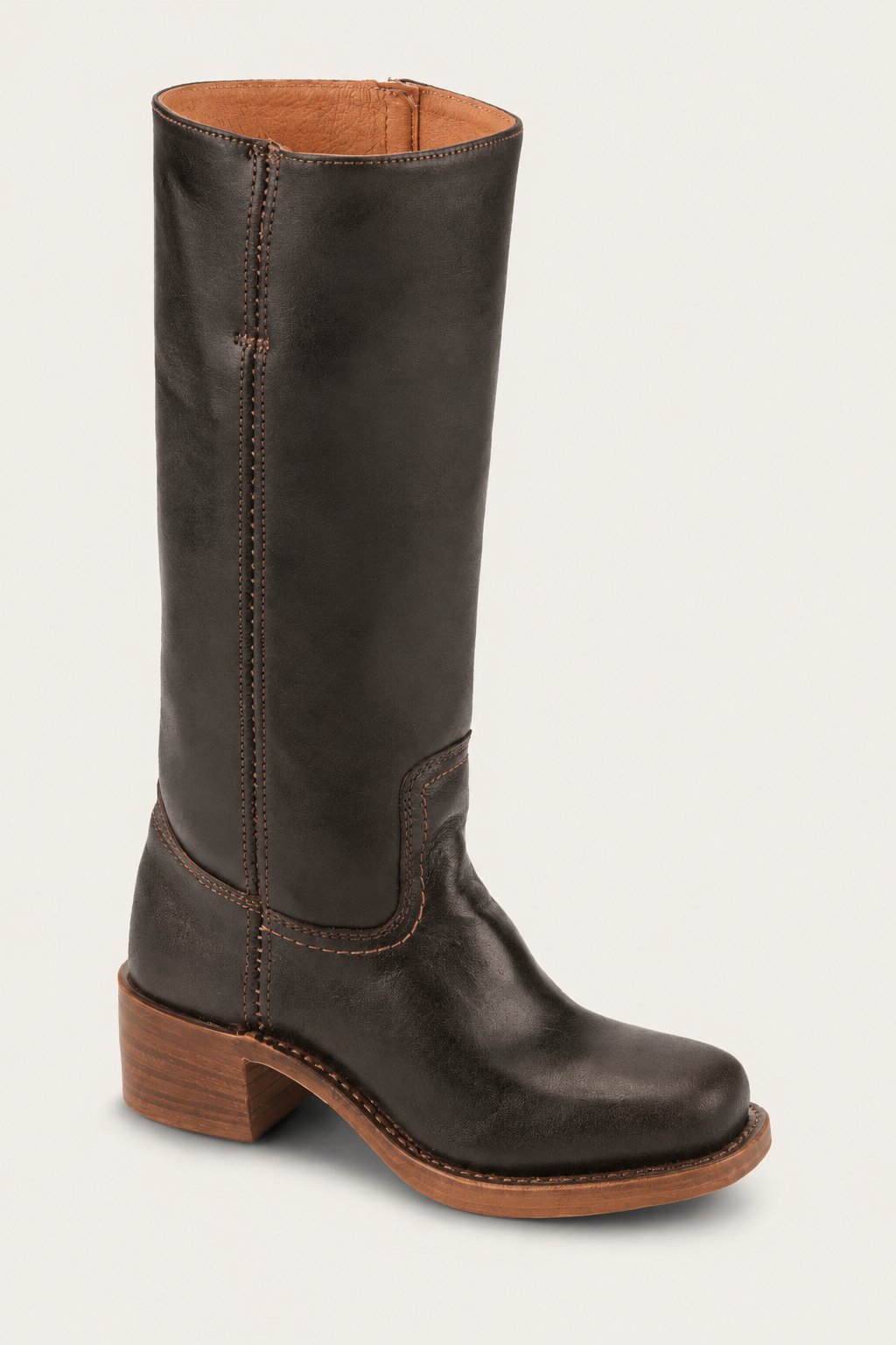Knee-high leather boots, black, pull-on with stitched seam and low stacked heel