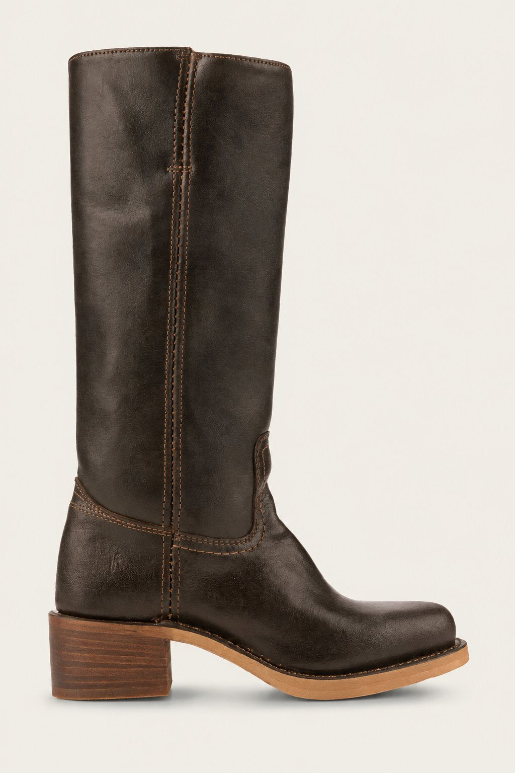 Knee-high leather boots, black, pull-on with elastic panel and block heel
