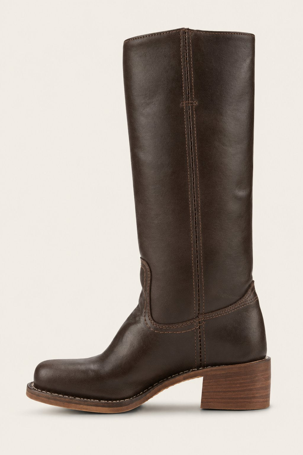Knee-high leather boots, black, pull-on with stitched detail and stacked block heel