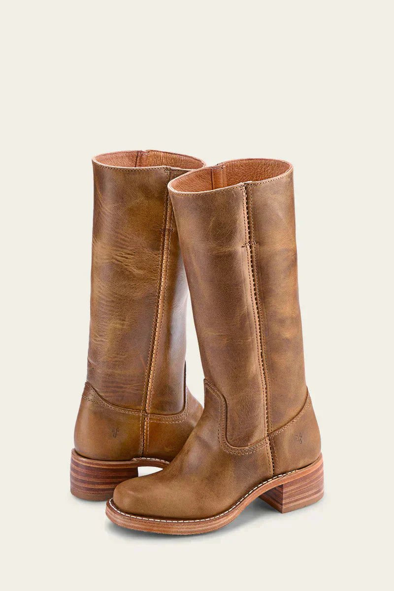 Knee-high leather boots, tan, pull-on with side gore and stacked block heel