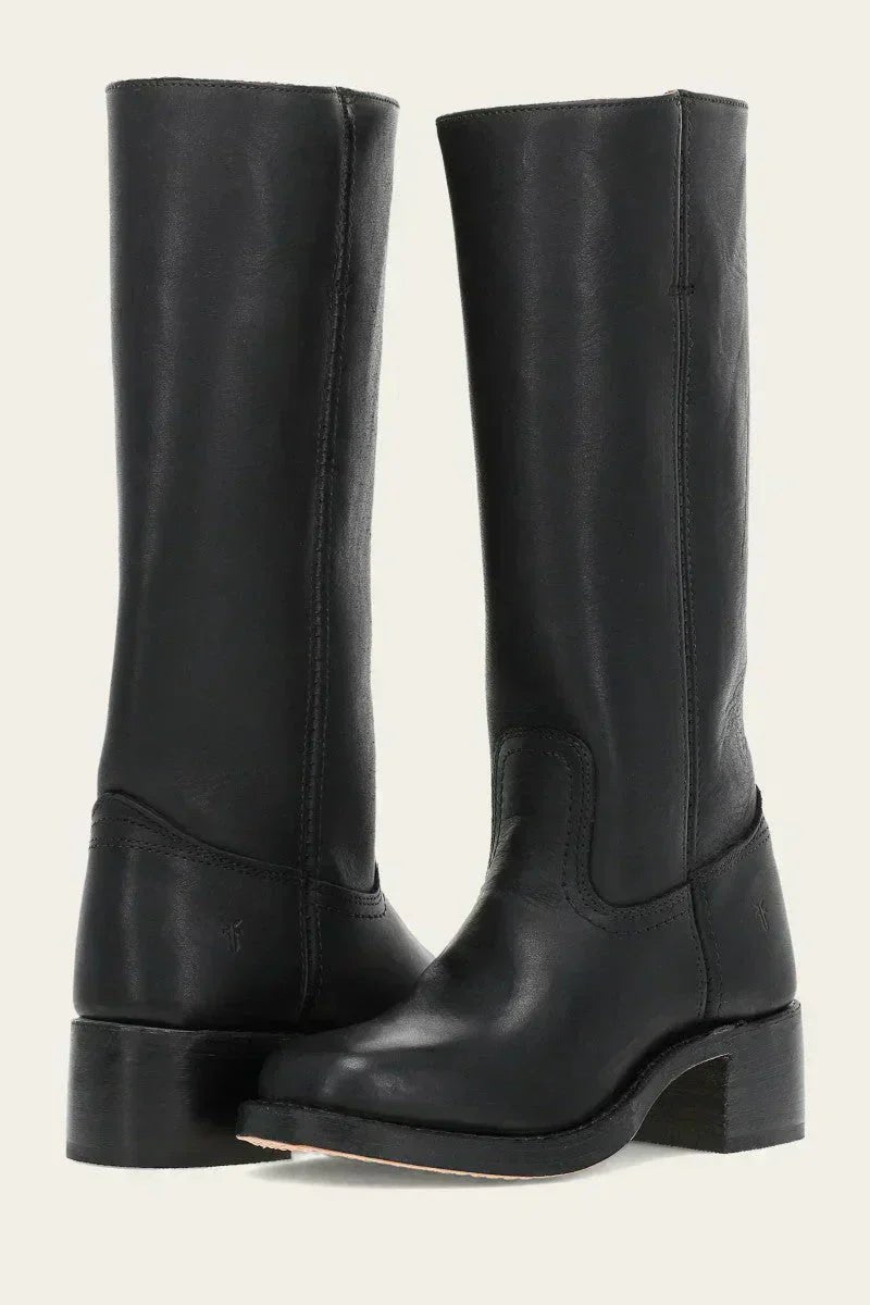 Knee-high leather boots, black, pull-on with wide ankle boot shaft and stacked heel