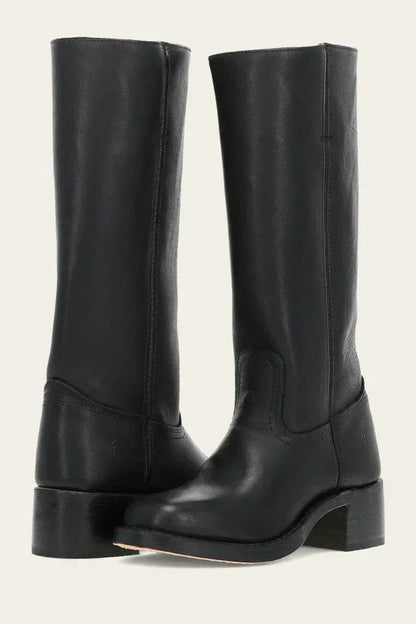 Knee-high leather boots, black, pull-on with wide ankle boot shaft and stacked heel