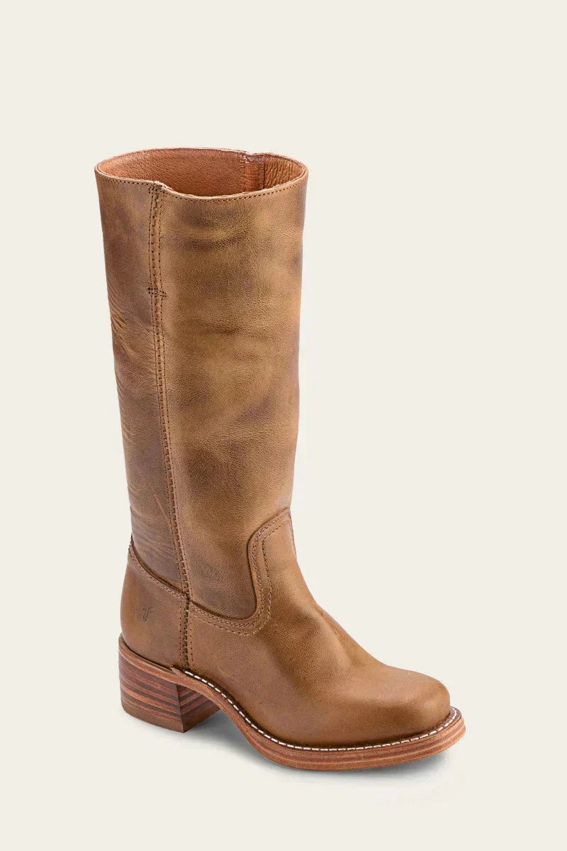 Knee-high leather boots, tan, pull-on with side gore and stacked block heel
