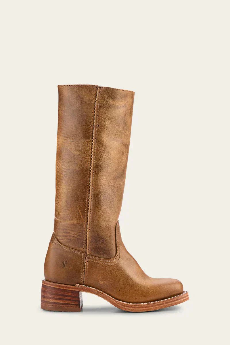 Knee-high leather boots, tan, pull-on with stitched seams and stacked block heel