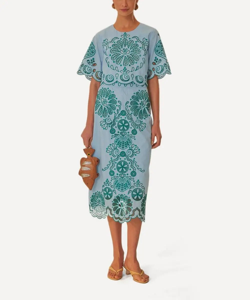 Light Blue Embroidered Midi Skirt with Scalloped Hem