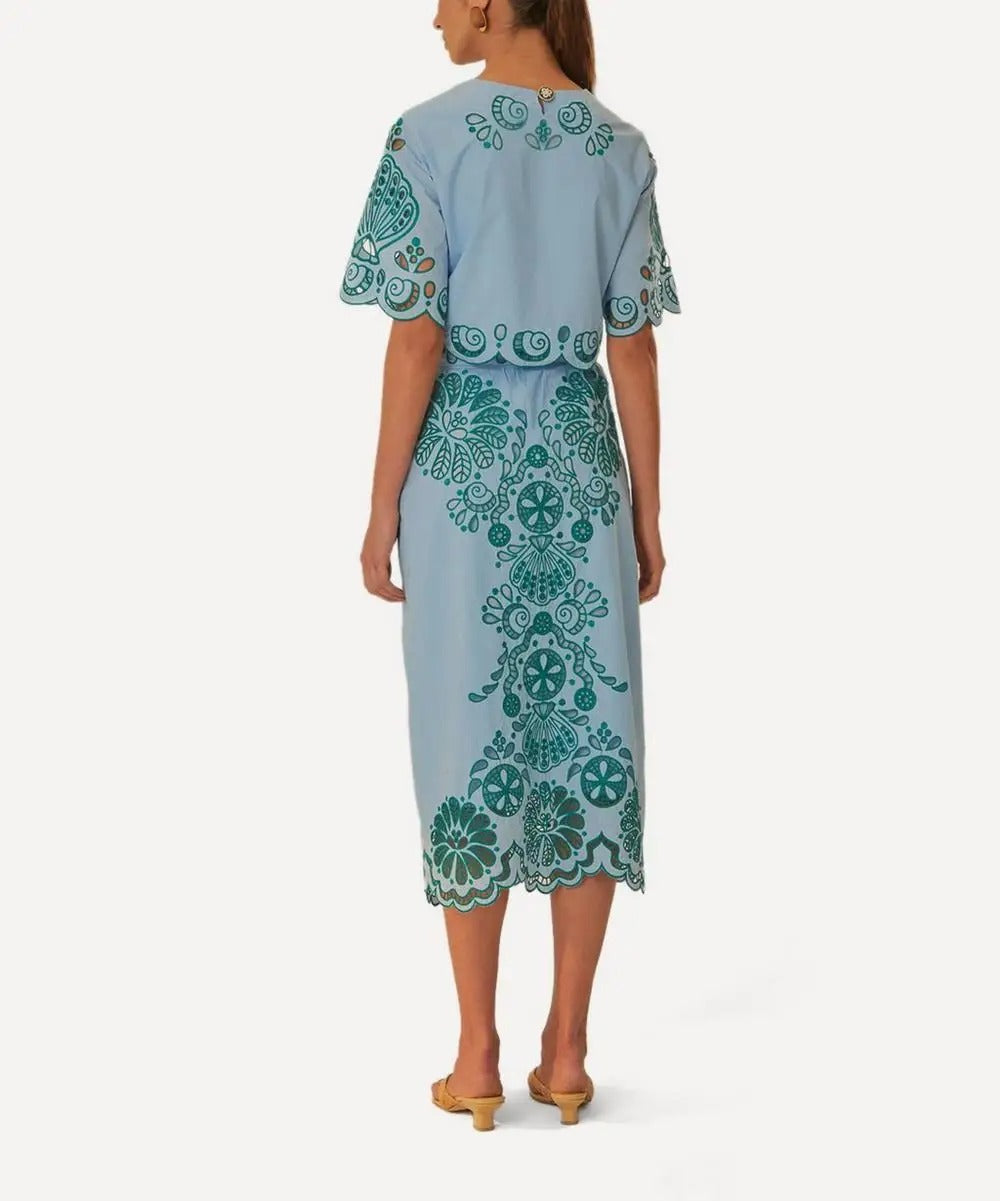 Light Blue Embroidered Midi Skirt with Scalloped Hem