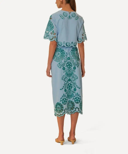 Light Blue Embroidered Midi Skirt with Scalloped Hem