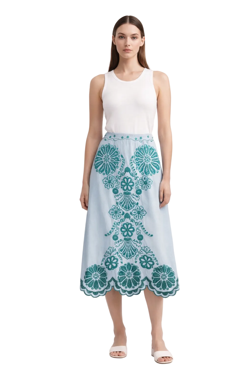 Light Blue Embroidered Midi Skirt with Scalloped Hem