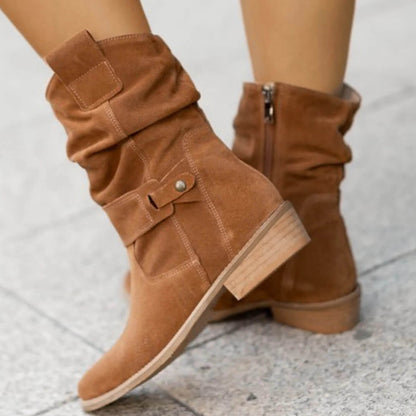Brown suede slouch boots with buckle strap, side zipper, and low block heel