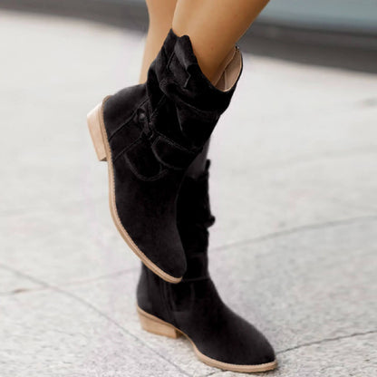 Black suede slouch boots with cuffed upper, side pull tab, and low heel