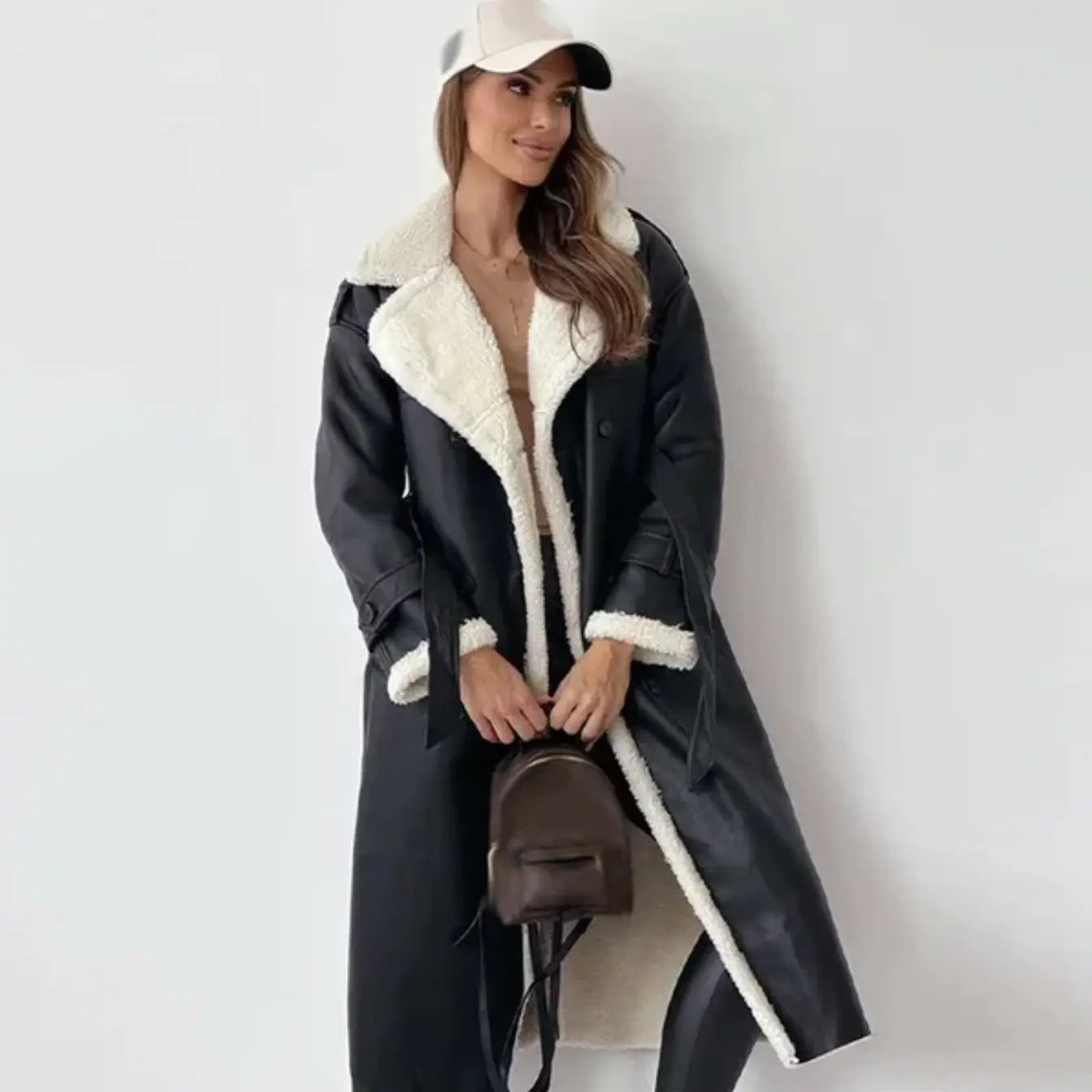 Women's fleece-lined teddy-collar jacket, black with cream sherpa lining and trim