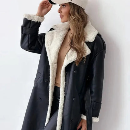 Women's fleece-lined teddy-collar jacket, black with cream sherpa lining and button front