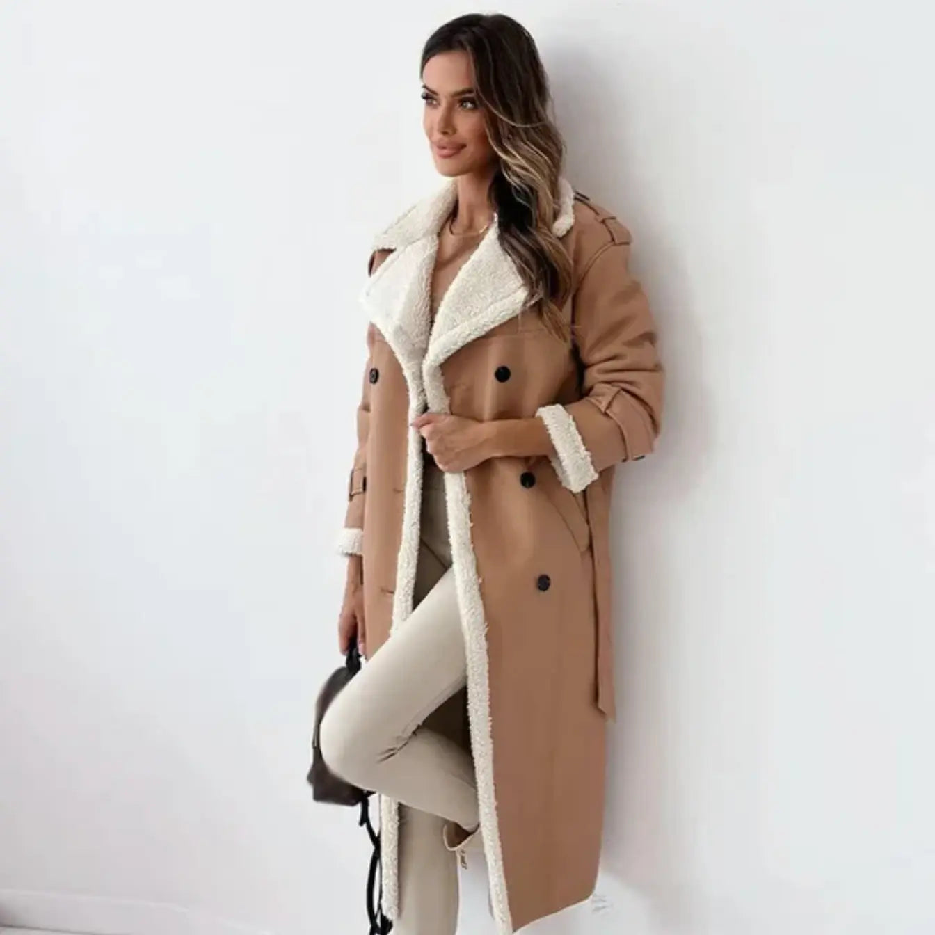 Women's fleece-lined teddy-collar jacket, tan with cream sherpa trim and button front