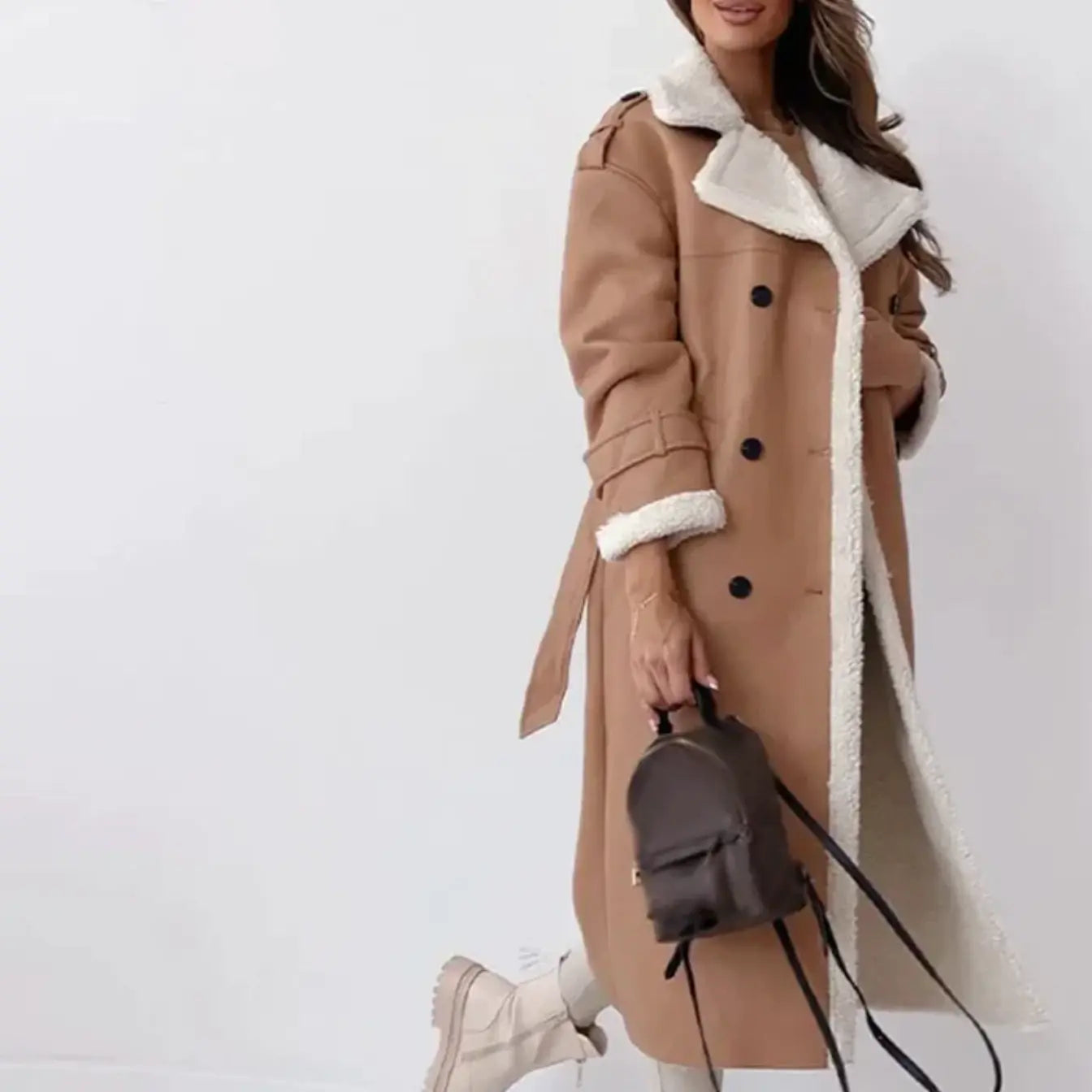 Women's fleece-lined teddy-collar jacket, camel tan with cream sherpa collar and cuffs